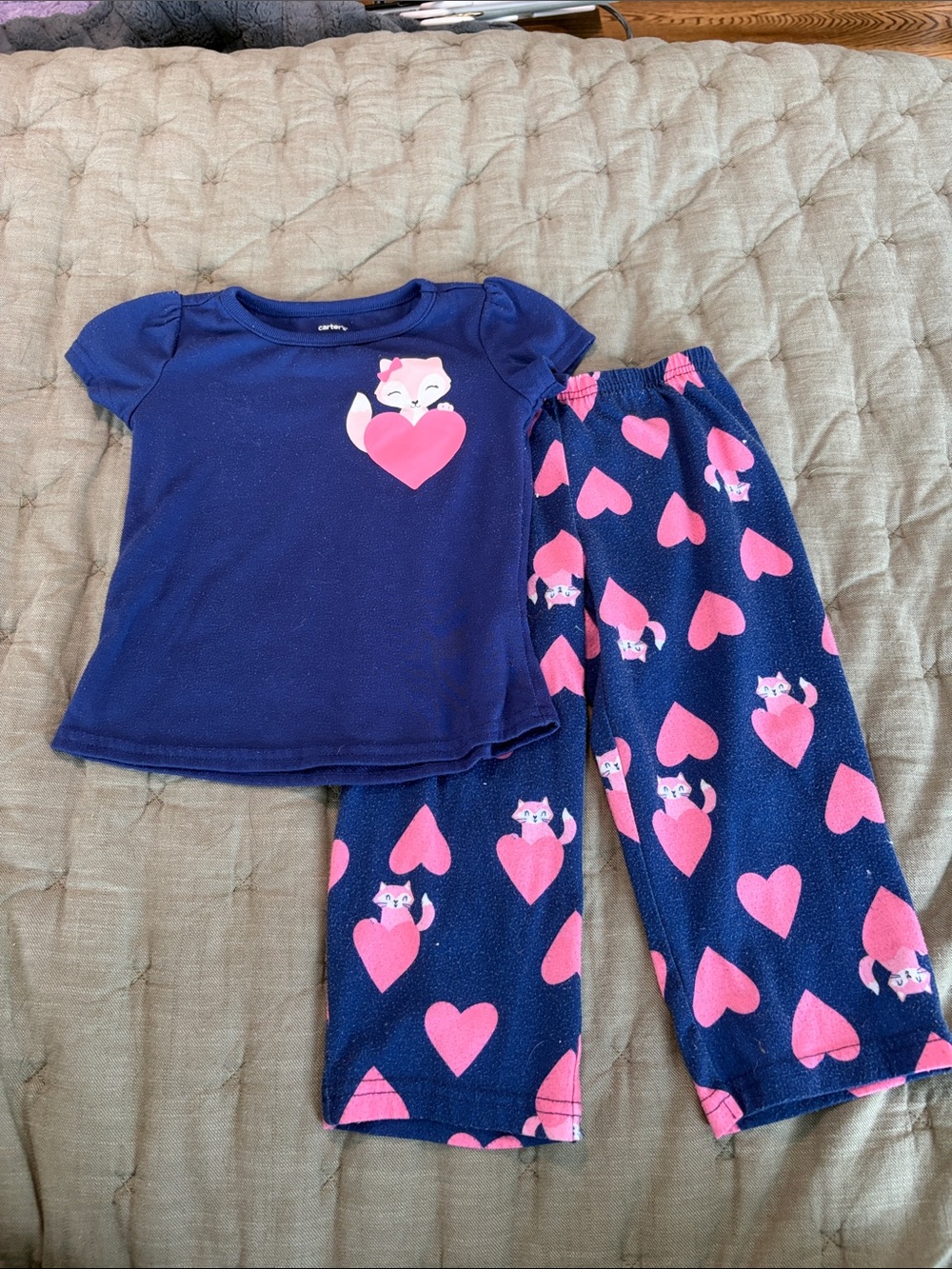 Girls Navy and Pink Fox Heart Pajama Set
